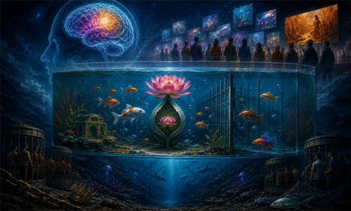 Poetic depiction of fish in an aquarium symbolizing human mind, digital life, and social inequality within modern society.