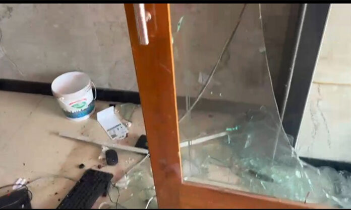Shadnagar Vivera Hotel damaged after gang attack involving vandalism, assault, and property destruction during a financial dispute.