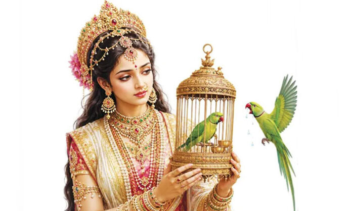 Illustration of Goddess Sita listening to a pair of parrots narrating the Ramayana story, based on a Padma Purana episode about karma and destiny.