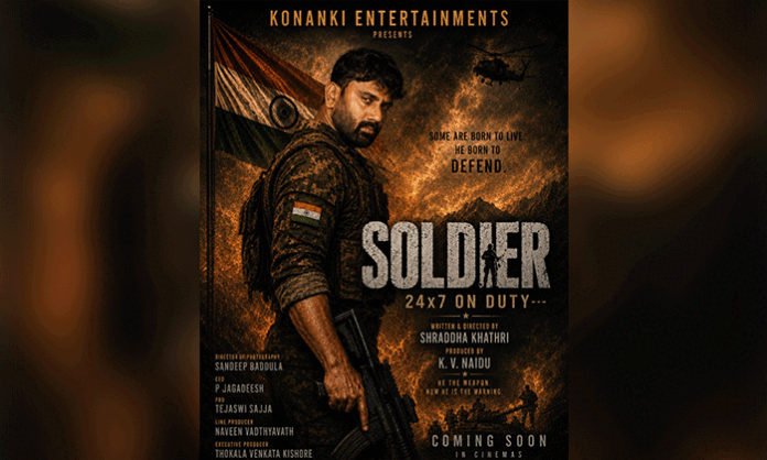 The first-look poster of Soldier – 24×7 On Duty features Konanki Karthik in a powerful soldier avatar against a patriotic battlefield backdrop.