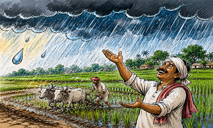 Dark monsoon clouds bringing the first rainfall over agricultural fields in Telangana, offering relief to farmers and ending the summer heat.