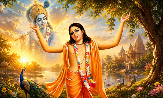 Sri Chaitanya Mahaprabhu spreading Krishna devotion and Harinama Sankirtana as a leading figure of the Bhakti movement.
