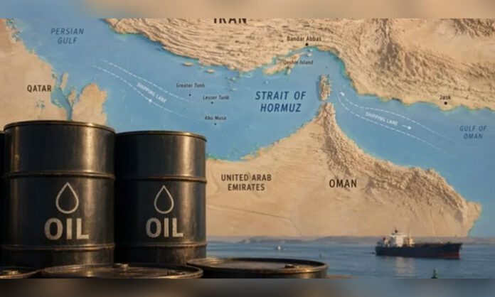 Commercial vessels waiting near the Strait of Hormuz as global oil supply routes face delays and congestion