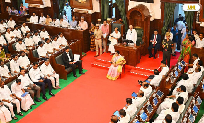 Tamil Nadu Governor Rajendra Vishwanath Arlekar apologizes during his address to the state assembly