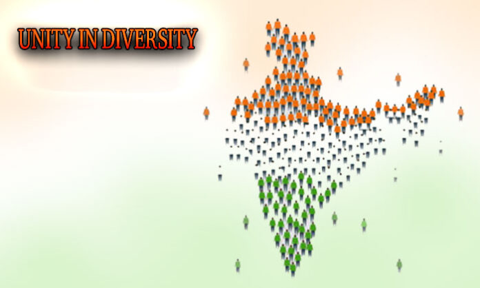 Symbolic representation of India's unity in diversity showcasing people from different cultures, religions, and regions standing together.