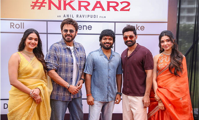 Venkatesh, Kalyan Ram, Keerthy Suresh and Krithi Shetty at the grand launch of Venky Anil 5 and NKR AR2