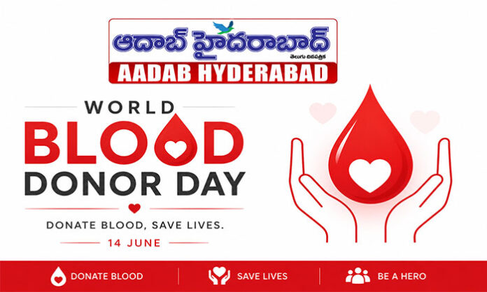 Voluntary blood donor donating blood on World Blood Donor Day to help save lives and raise awareness about the importance of blood donation.