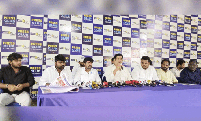 DGVYS leaders address a press conference in Hyderabad, releasing a seven-point charter of demands seeking better education, hostels, fee reimbursement, campus security, and student welfare measures.