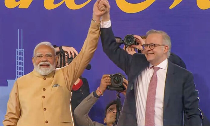 Australian Prime Minister Anthony Albanese addresses the Indian community in Melbourne and praises Prime Minister Narendra Modi during a public event.