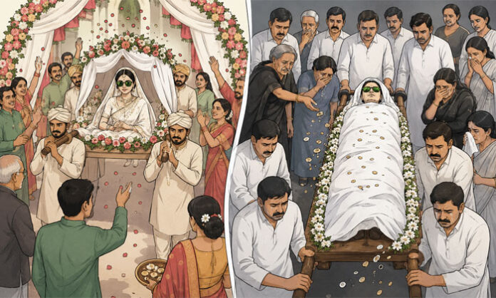 A thought-provoking poem comparing a bride's wedding journey with a woman's final funeral procession.
