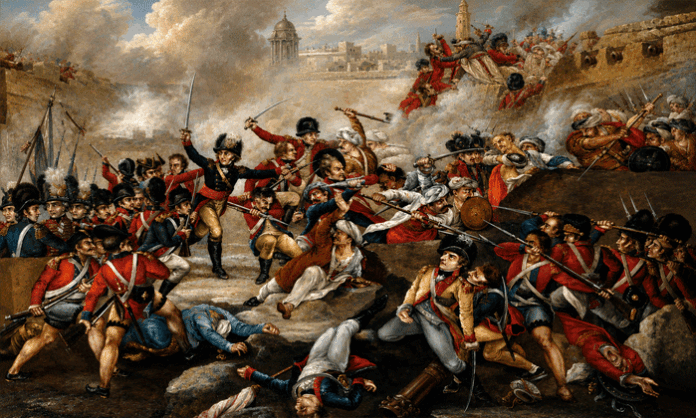 A historical depiction of British forces advancing toward Delhi during the 1857 Indian Rebellion, marking a crucial phase in India's First War of Independence.