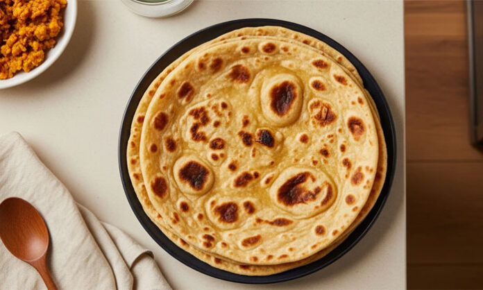 A slightly burnt chapati on a gas flame with experts explaining the facts about cancer risk and safe cooking practices.
