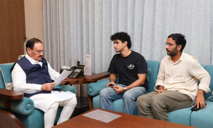 Cockroach Janata Party leaders meeting Union Minister JP Nadda in New Delhi to discuss concerns over examination irregularities and student demands.