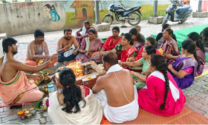Devotees participate in the fourth anniversary celebrations of the Datta Sai Temple in Nirmal, where special Vedic rituals and Anna Prasadam were organized.