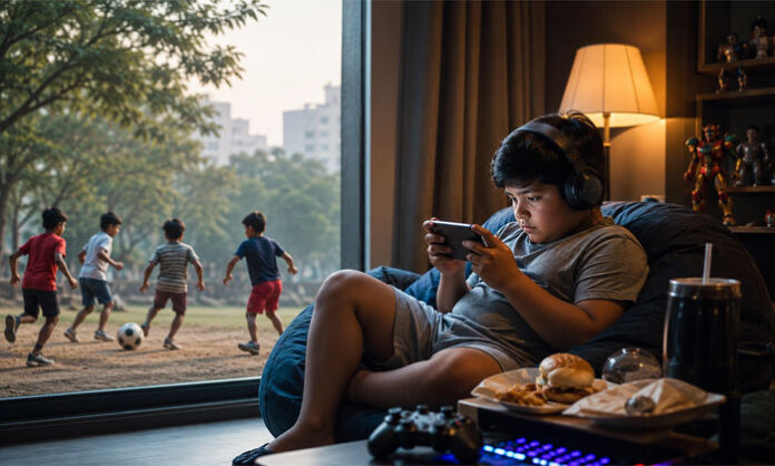 A symbolic illustration of a child surrounded by digital devices, highlighting the impact of excessive screen time and social media.