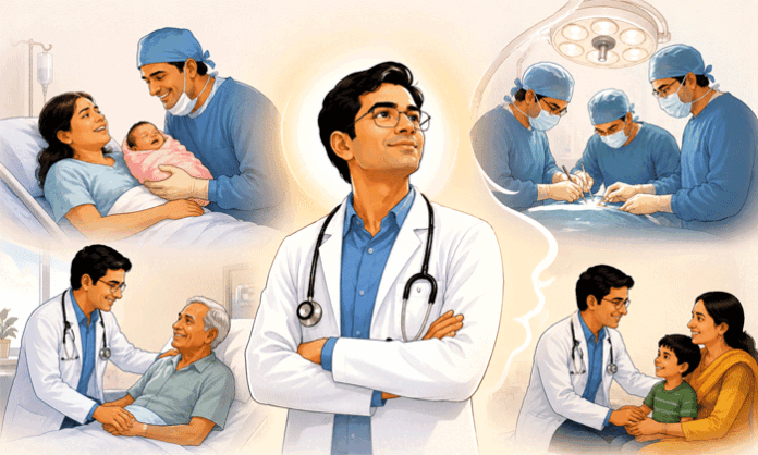A compassionate doctor in a white coat caring for a patient, symbolizing dedication, hope, healing, and life-saving medical service.
