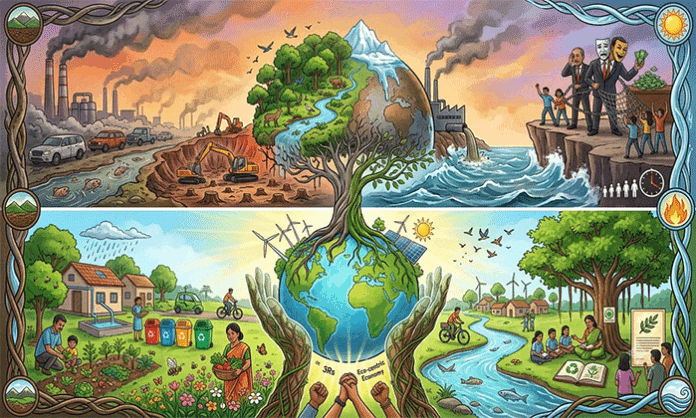 An environmental illustration showing deforestation, air pollution, melting glaciers, and endangered wildlife, highlighting the global climate and biodiversity crisis.