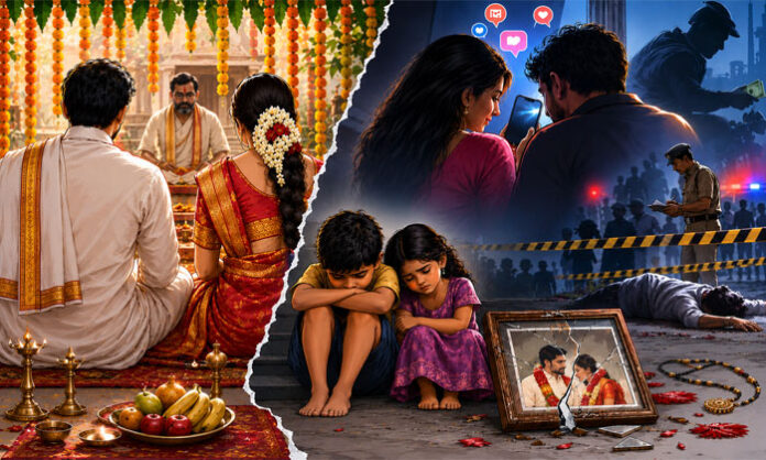 A symbolic representation of a married couple facing conflict, highlighting the impact of extramarital affairs on family relationships.