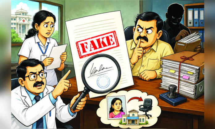 Documents related to the alleged fake spouse certificate and forged signature controversy in the Nalgonda District Medical and Health Department.