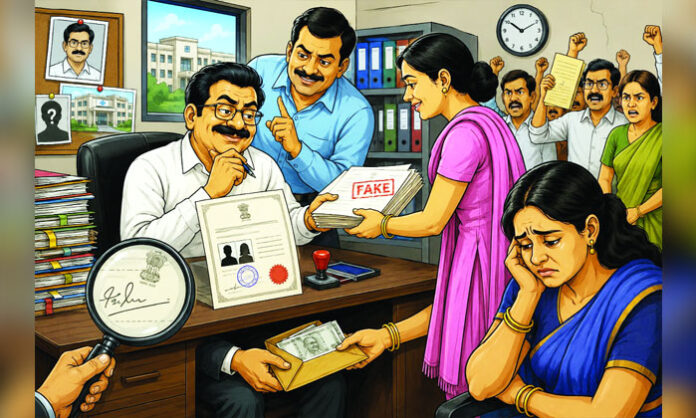 Documents related to the alleged fake spouse certificate and forged signature controversy involving transfers in the Nalgonda Medical and Health Department.