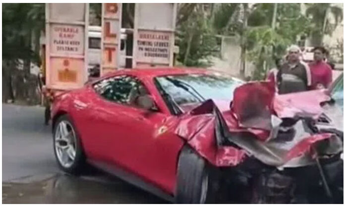 A Ferrari Roma crashed into the gate of Fort View Apartments on Jubilee Hills Road No. 5 in Hyderabad after reportedly losing control.