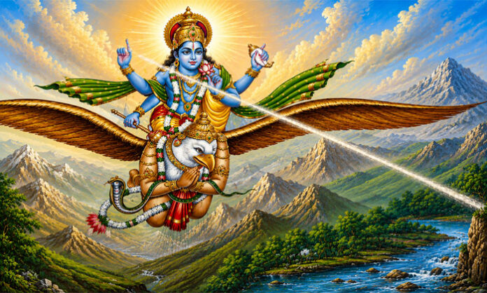A sacred copy of the Garuda Purana placed beside images of Lord Vishnu and Garuda during a religious reading.