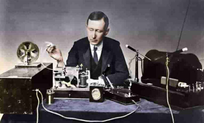 Italian inventor Guglielmo Marconi demonstrating early wireless telegraphy technology that led to the radio patent and transformed global communication.