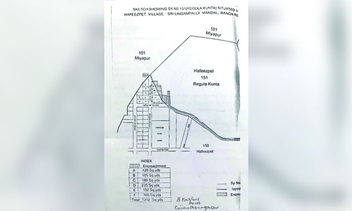 Construction activity underway at the disputed government land in Survey Number 151 at Hafeezpet amid conflicting survey reports.