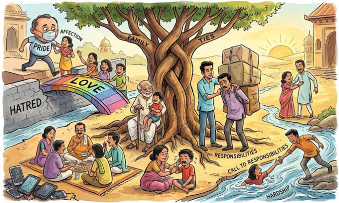 A family spending quality time together, symbolizing love, unity, responsibility, and the importance of strong family relationships.