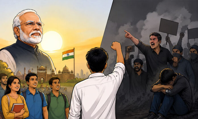 A symbolic image representing political debate, youth participation, and public discourse in India.