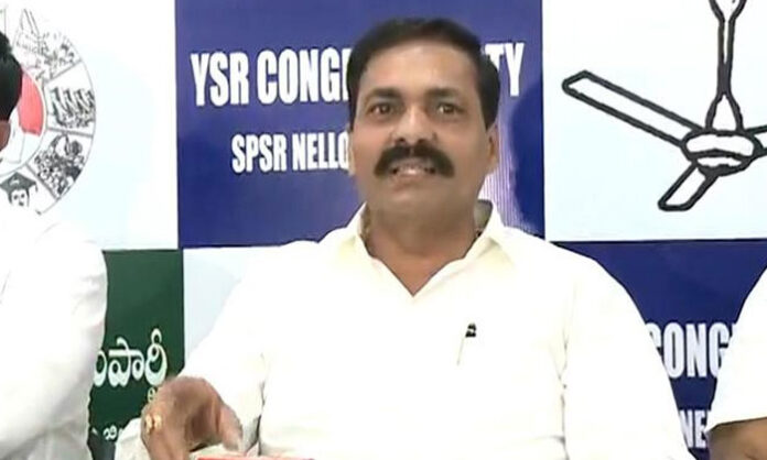YSRCP leader Kakani Govardhan Reddy addresses the media while criticizing the TDP's Intintiki TDP campaign and raising concerns over the DSC recruitment issue.