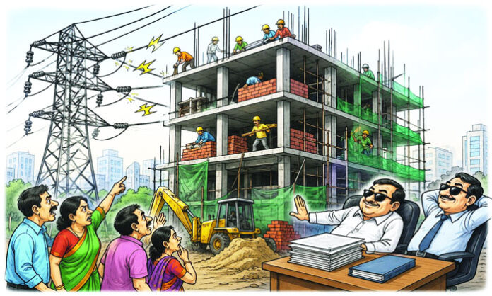 Alleged illegal construction with additional floors near high-tension power lines in Madhapur violating setback norms.
