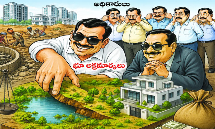 Illegal villas allegedly constructed on prohibited FTL and Bhoodan Board lands in Sirigiripuram, Maheshwaram Mandal.