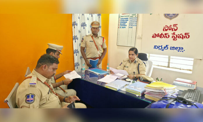 Nirmal District SP Dr. G. Janaki Sharmila, IPS, inspects records and administrative facilities during the annual inspection of Son Police Station.