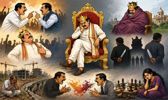 A symbolic representation of political accusations overshadowing governance and public welfare.
