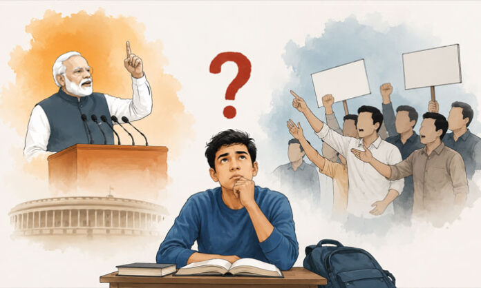 A symbolic representation of political debate surrounding student protests, government accountability, and public opinion in India.