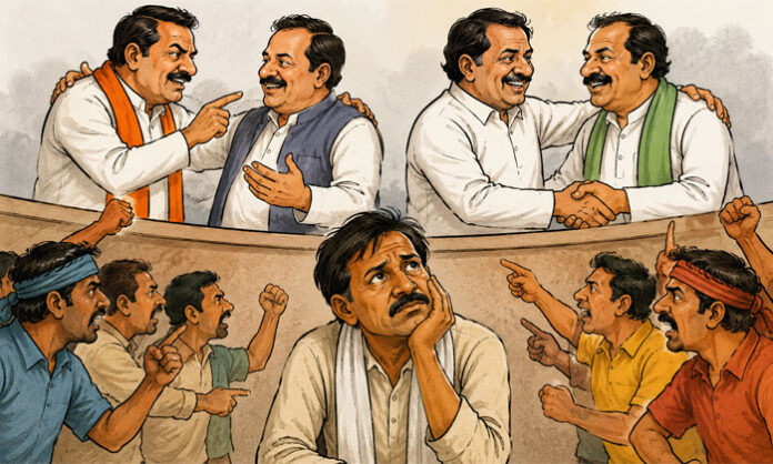 People discussing how political rivalries impact common voters while leaders eventually reconcile.