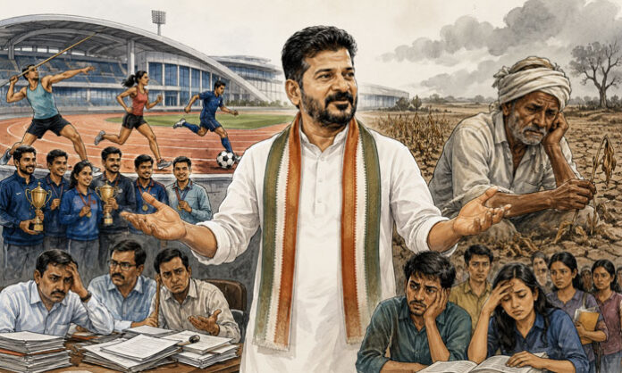 Telangana Chief Minister Revanth Reddy speaks about sports infrastructure while public voices call for equal attention to farmers, employees, and students.