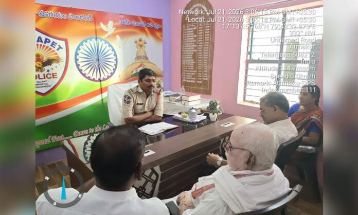 Atmakur Sub-Inspector Mamunuri Ailaiah addressing the Senior Citizens' Protection Committee meeting at Atmakur S Police Station.