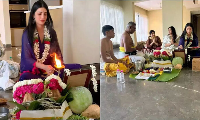 Shruti Haasan performs a traditional housewarming ceremony at her newly purchased home in Chennai.