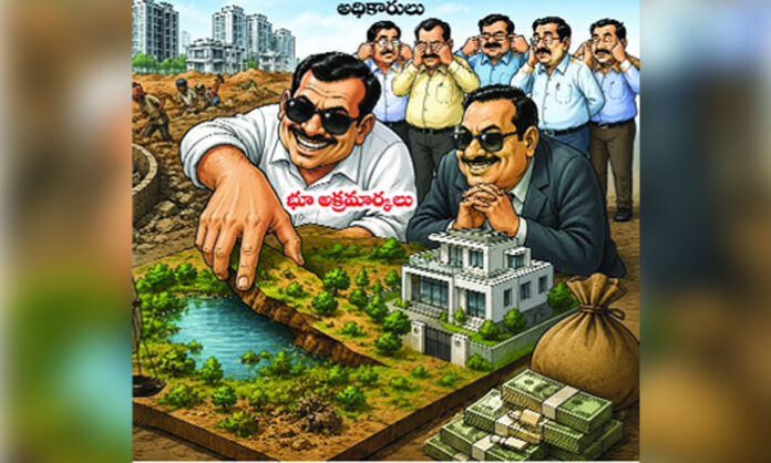 Allegations of illegal layouts, villa construction, and encroachment on Bhoodan land and Kothakunta Lake in Sirigiripuram have raised demands for a high-level investigation.