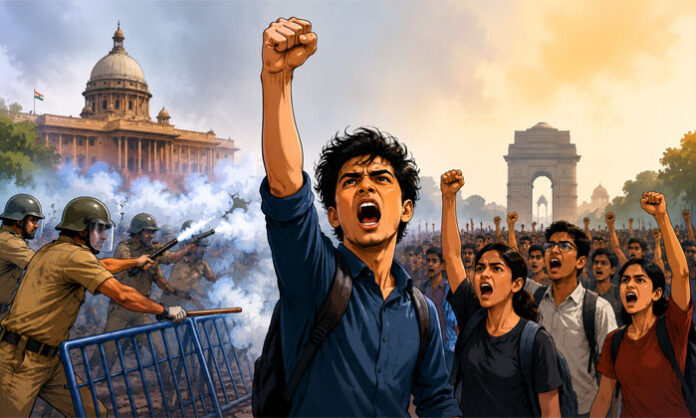 Students participating in a protest while demanding accountability and education reforms in India's national capital.