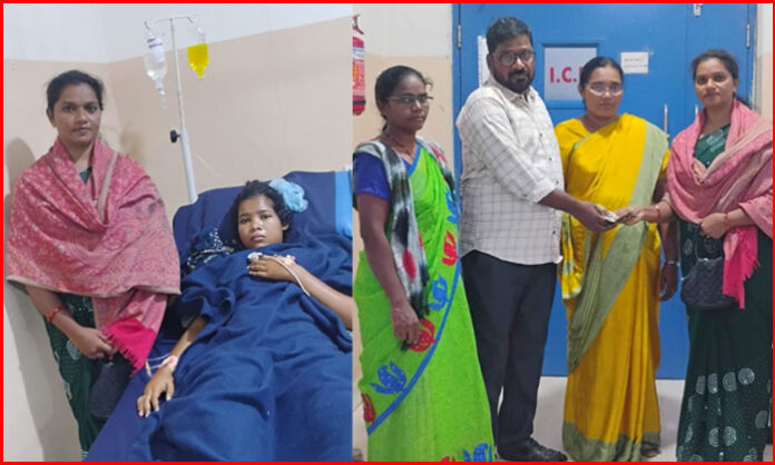 Representatives of Suraksha Seva Sangham hand over financial assistance to the family of kidney patient Hemima at a hospital.