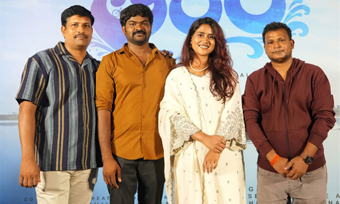 The cast and crew of Teeram launch the film's title song during a grand event at Prasad Labs in Hyderabad.