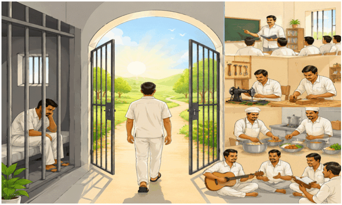 Inmates participating in vocational training and rehabilitation activities inside a Telangana prison, highlighting correctional reforms and skill development initiatives.