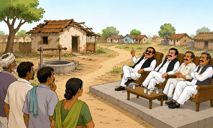 A village street symbolizing stalled development despite promises made by newly elected local leaders.