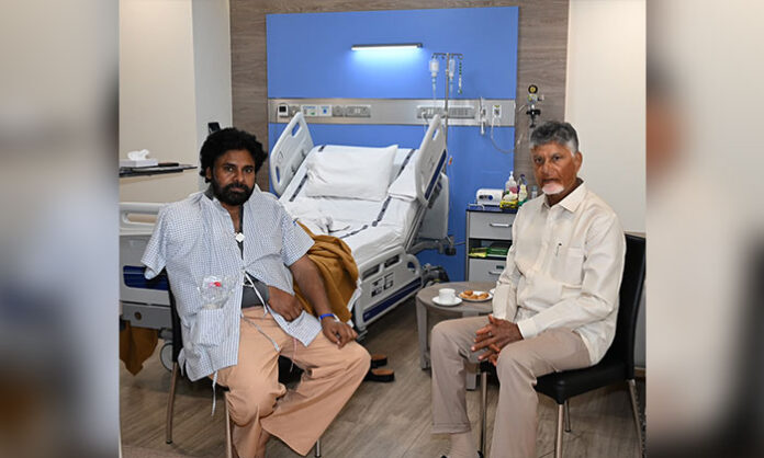 Chief Minister Chandrababu Naidu meets Deputy Chief Minister Pawan Kalyan at a Mumbai hospital following his shoulder surgery.