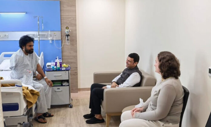 Maharashtra Chief Minister Devendra Fadnavis meets Pawan Kalyan at a Mumbai hospital following his shoulder surgery.