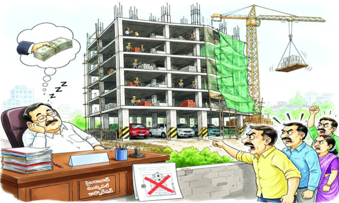 Alleged illegal stilt plus seven-floor building under construction in Serilingampally without permits, raising concerns over regulatory violations and official inaction.