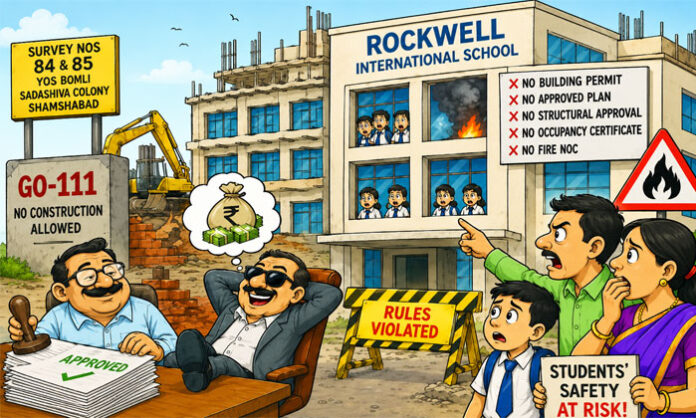 Rockwell International School in Shamshabad faces allegations related to building permits, Fire NOC, and regulatory compliance.